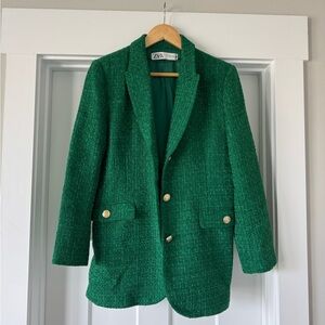 Zara Emerald Green Tweed Blazer with Gold Buttons